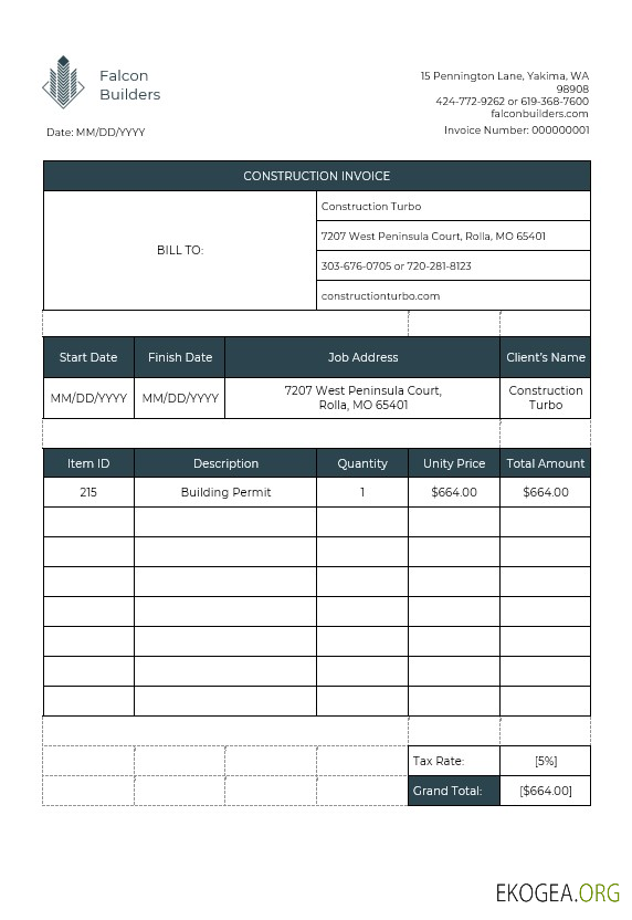 Modèle de facture de travaux de construction
